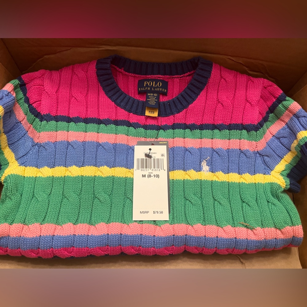 Girls Polo Size Medium 
Striped Cotton Short Sleeve Sweater
Color: Beach Royal - Picture 8 of 10